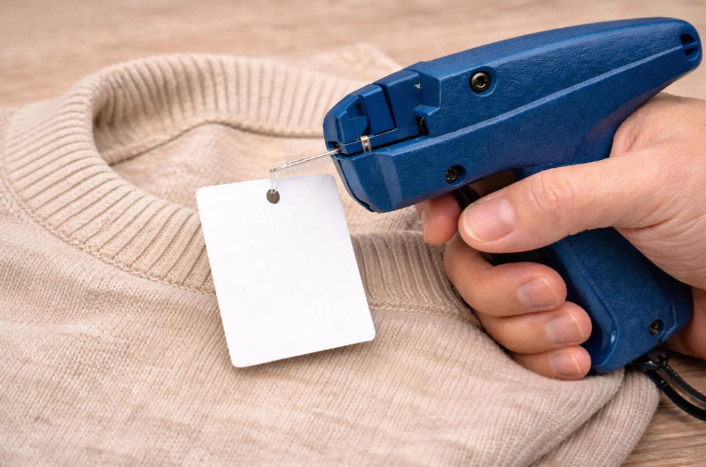 Using a blue tagging gun to attach a blank clothing tag to a sweater