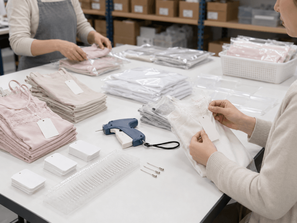 Fine fabric tagging gun with delicate garments, hang tags and fine fasteners