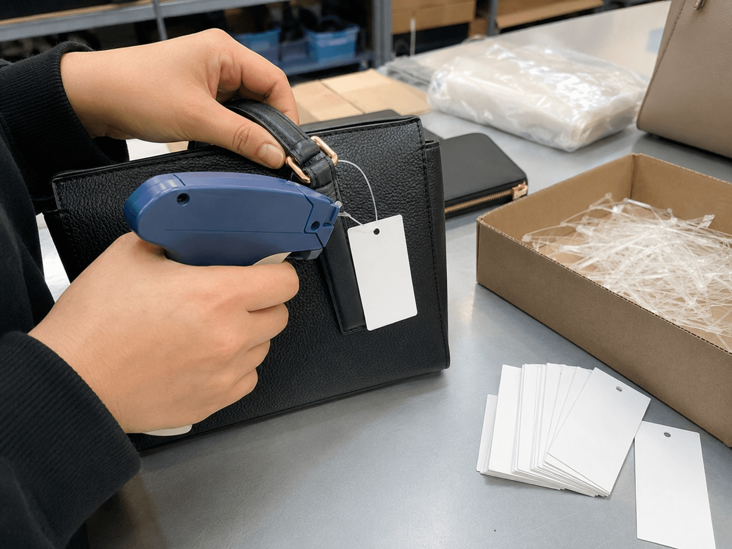 How to Tag Shoes, Handbags and Accessories Without Piercing Them 10 Loop tag gun applying non piercing hang tags to handbag strap