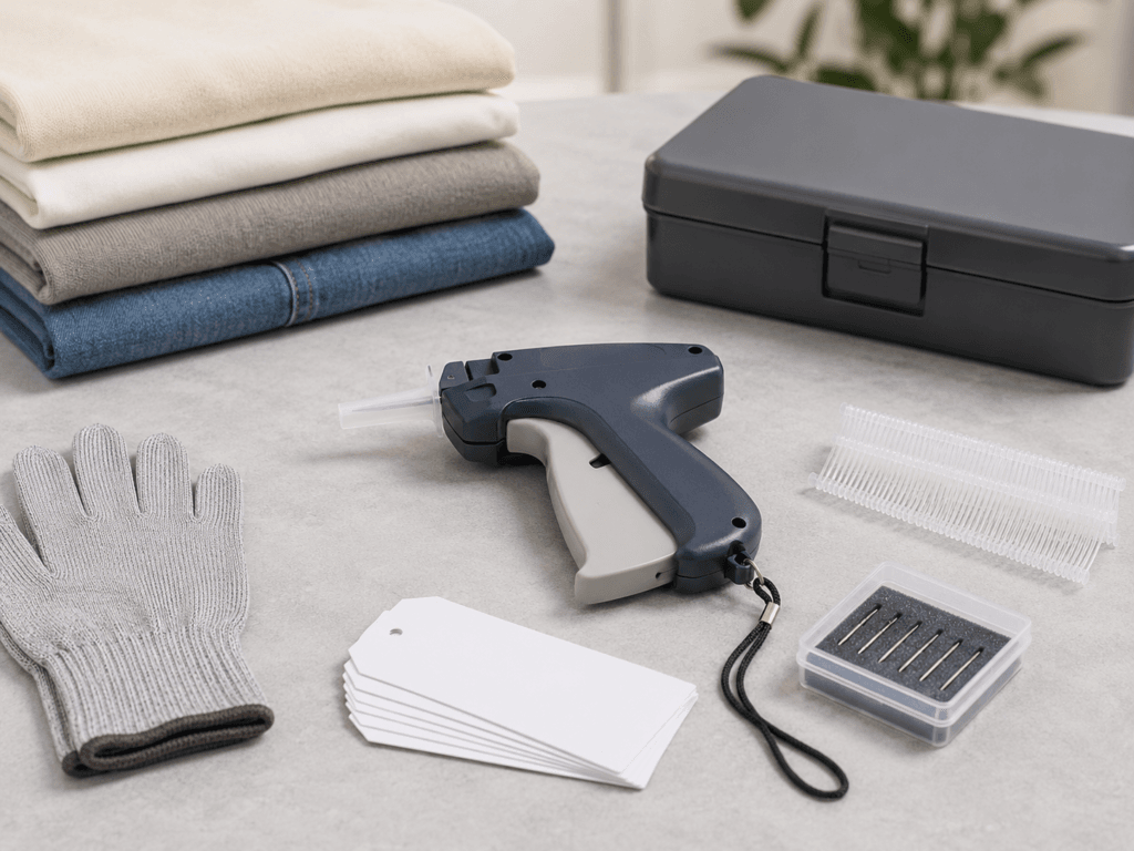 Safe tagging gun workstation with needle guard and protective glove