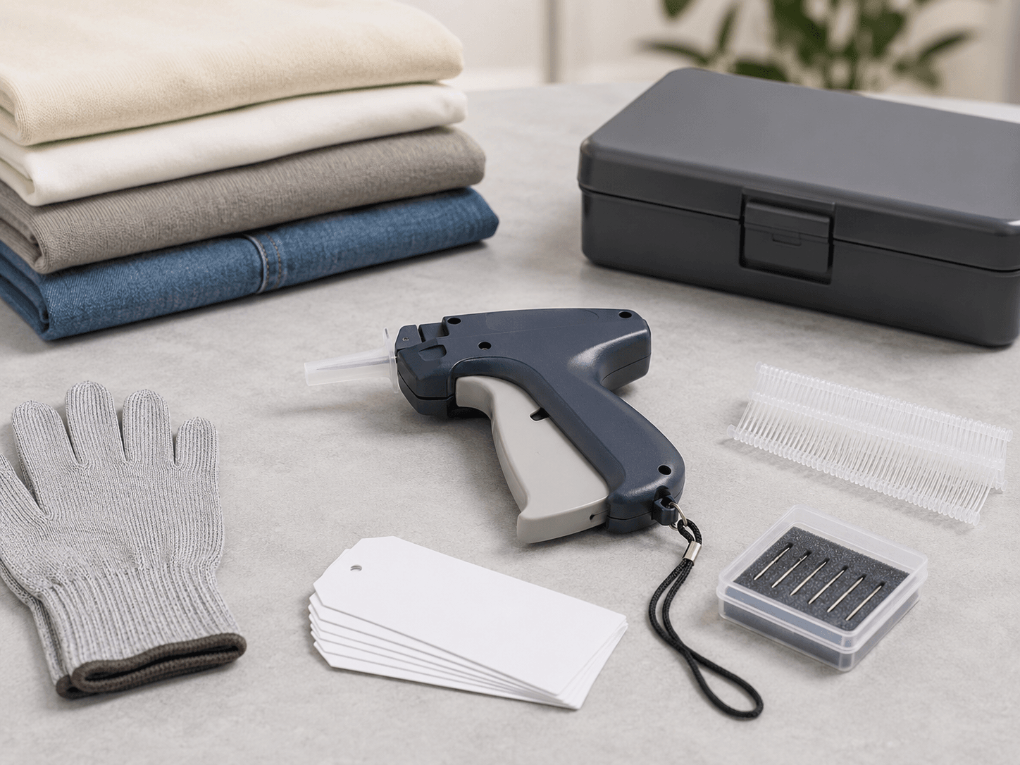 Safe tagging gun workstation with needle guard and protective glove