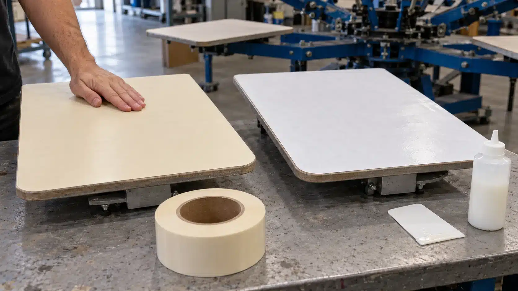 Protective sheet smoothed flat on platen