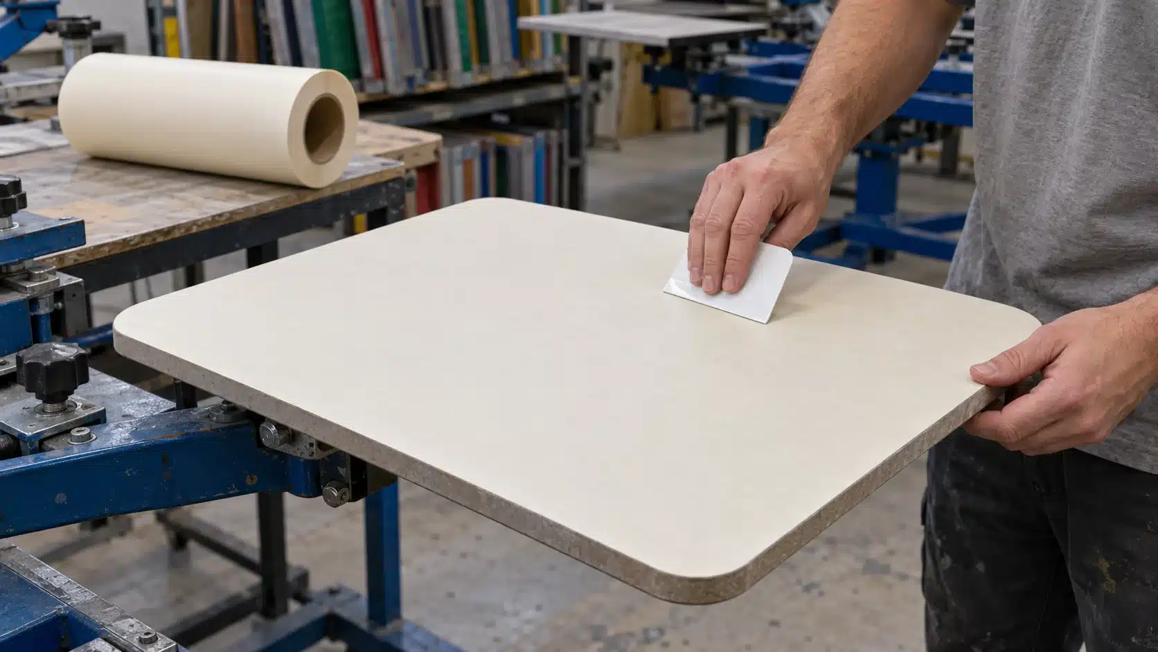 How to Apply Screen Printing Platen Tape 27 Smoothing platen tape in the print shop